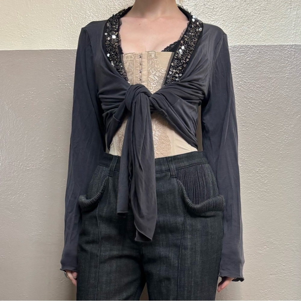 Elegant Gray Sequin-Embellished Women's Cardigan
